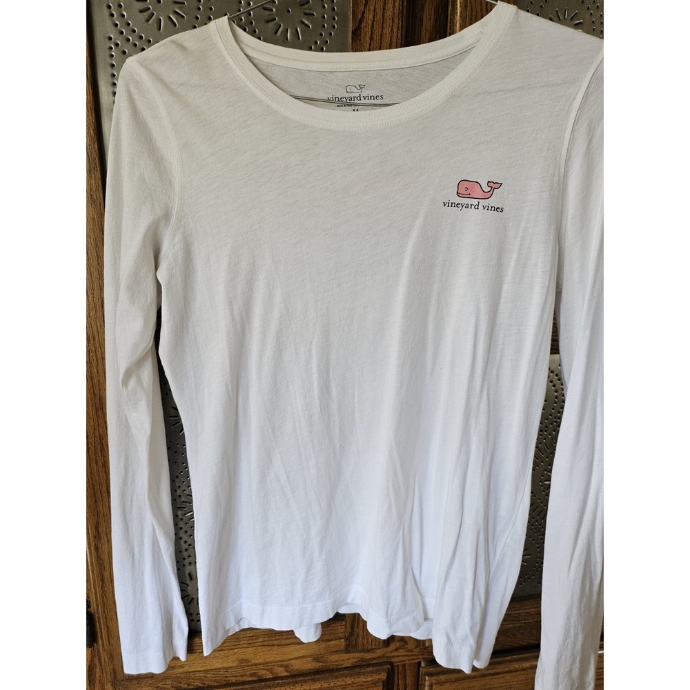 Vineyard Vines Ladies White Long Sleeve Tee With Pink Iconic Emblem Sz M, Preppy